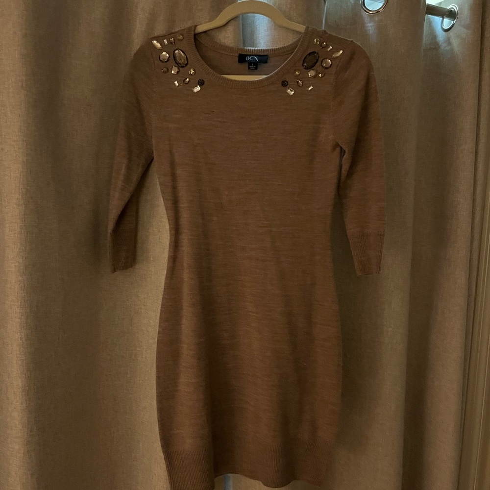 Women’s taupe sweater dress with gems